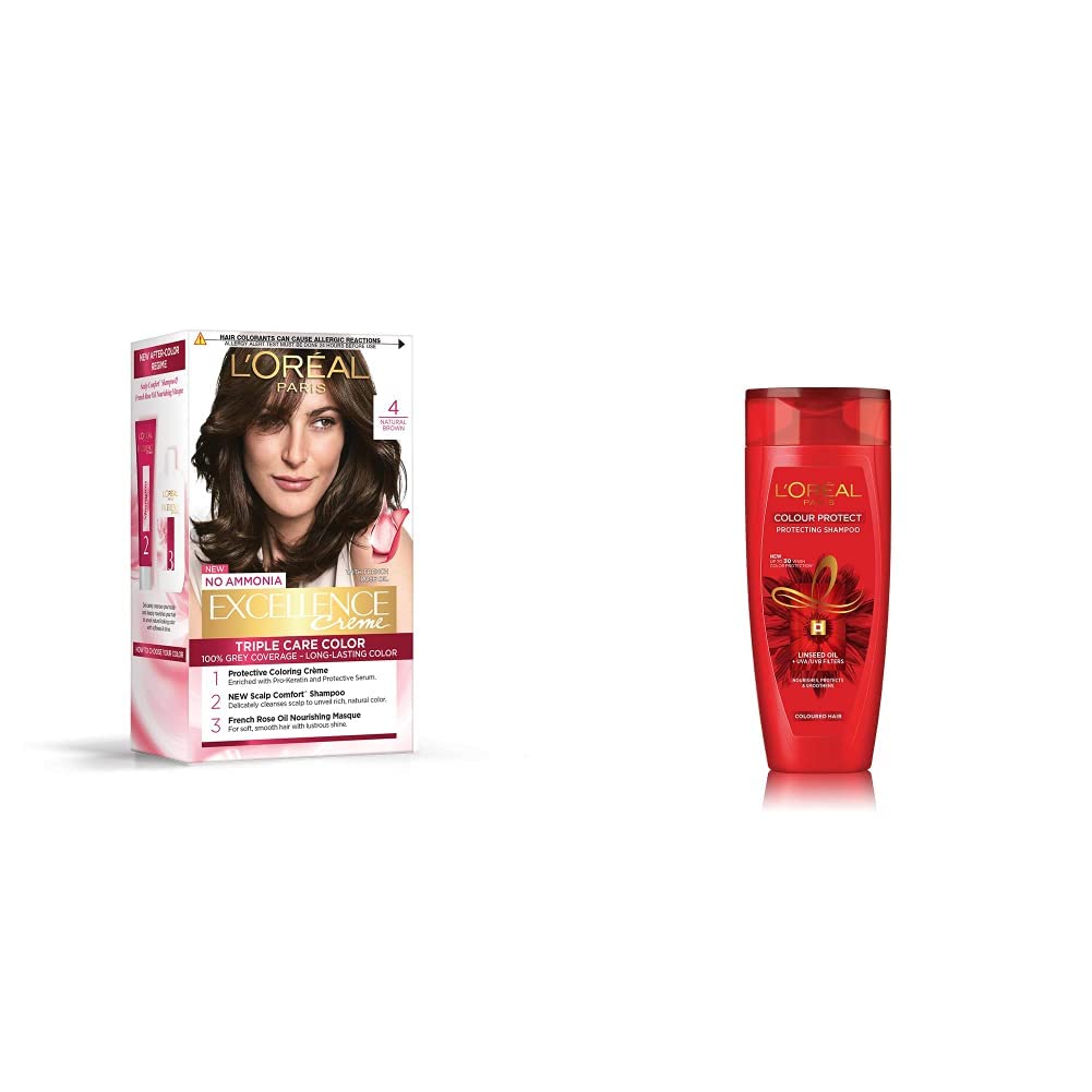L'Oreal Paris Excellence Creme Hair Color, 4 Natural Brown/Natural Dark Brown, 72ml+100g And L'Oreal Paris Color Protect Shampoo, 175ml (With 10% Extra)