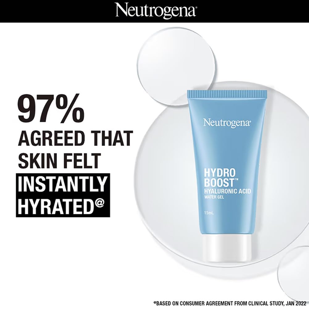 Neutrogena Hydro Boost Hyaluronic Acid Face Moisturizer 15ml | 24 hours long lasting Hydration | Oil free non sticky light water gel fast absorbing| Daily use | All Skin Types | For Men & Women 15g