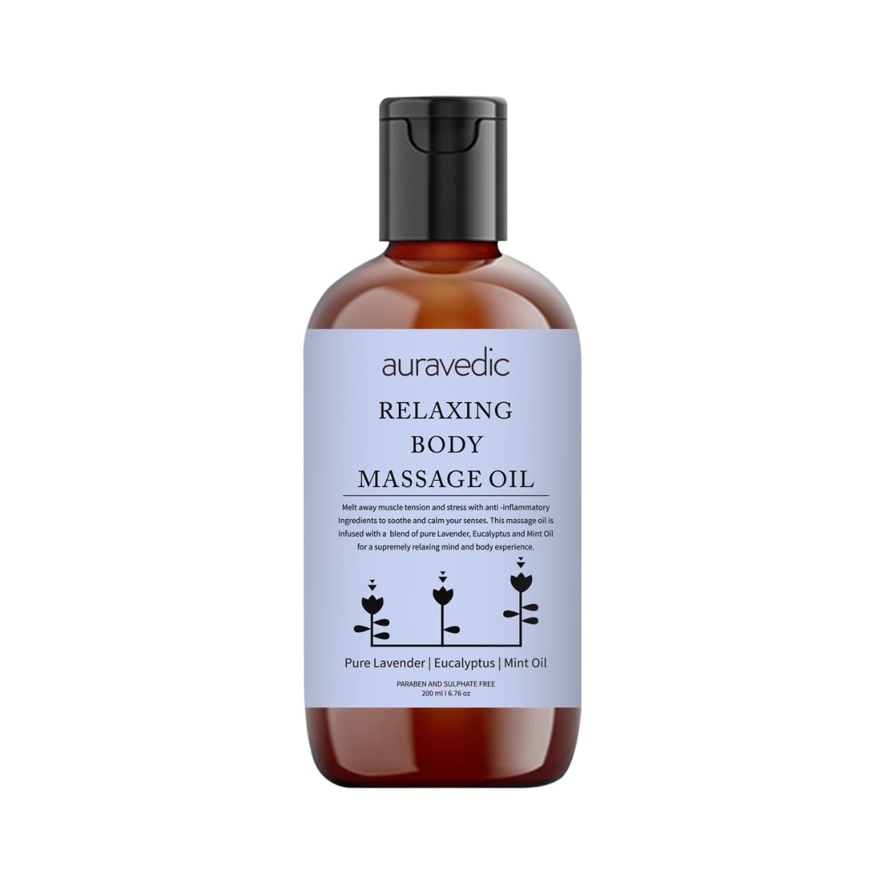 Auravedic Relaxing Body Massage Oil For Full Body Massager For Pain Relief Calming Moisturizer For Dry Skin Face 200 Ml Lavender Eucalyptus Mint Body Oil After Bath For Daily Use