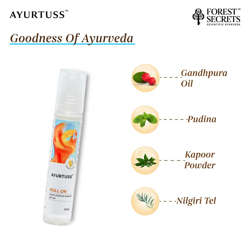 Forest Secrets Ayurtuss Roll On| Quick Headache Relief| Relieves Nasal Congestion| Cold Relief- 10Ml | Pack of 2