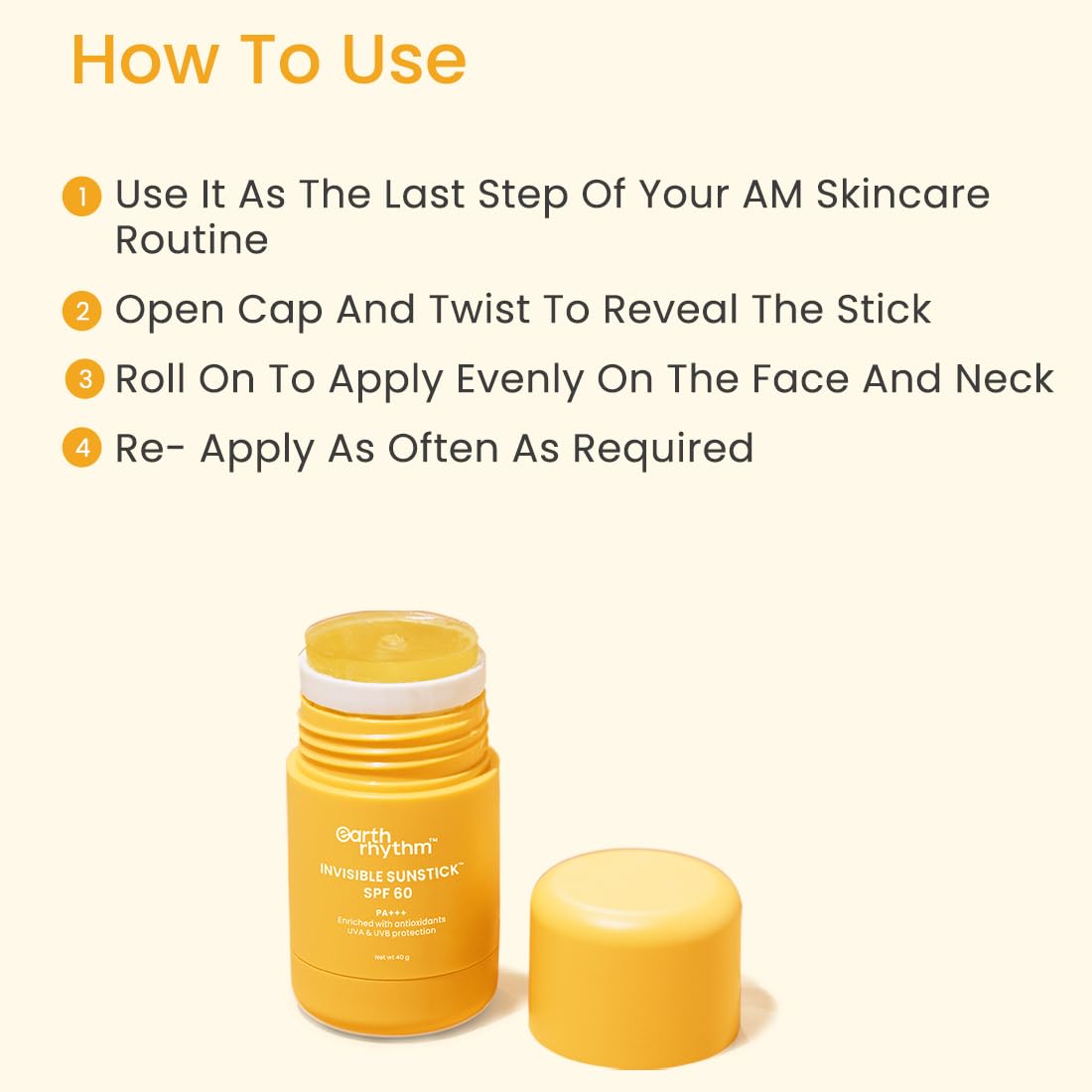 Earth Rhythm Sunstick SPF 60 PA+++ Invisible Sunscreen | Water Resistant, No White Cast, Lightweight I Almond Oil, Jojoba Oil & Vitamin E | Suits all skin types | Women & Men - 40 gm