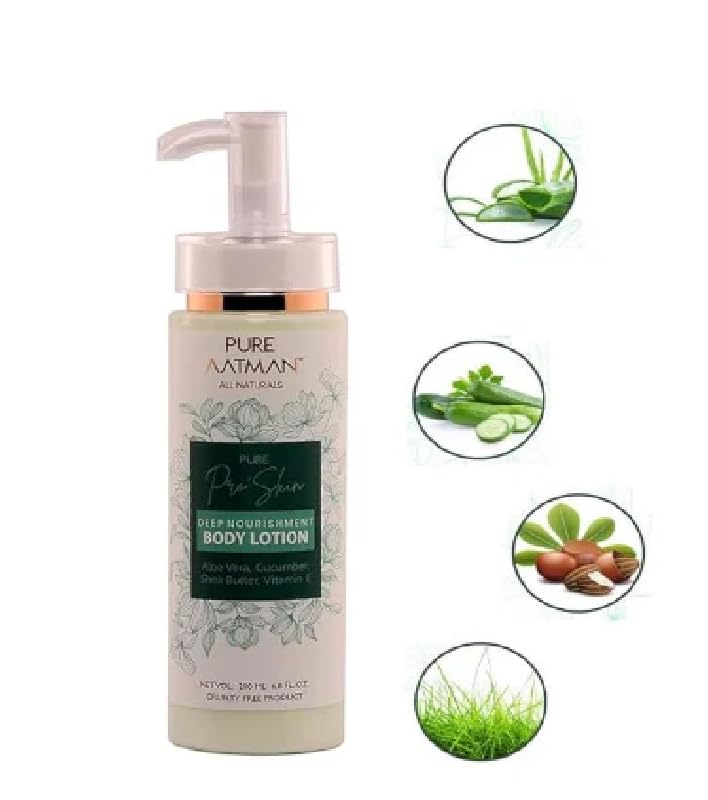 Pure Aatman Aloevera & Shea Butter Hydra Body Lotion 200 ml | 24 H Moisturization| Non Sticky Feel | With Goodness of Cucumber & Vitamin -E For Instant Hydration| For Men & Women