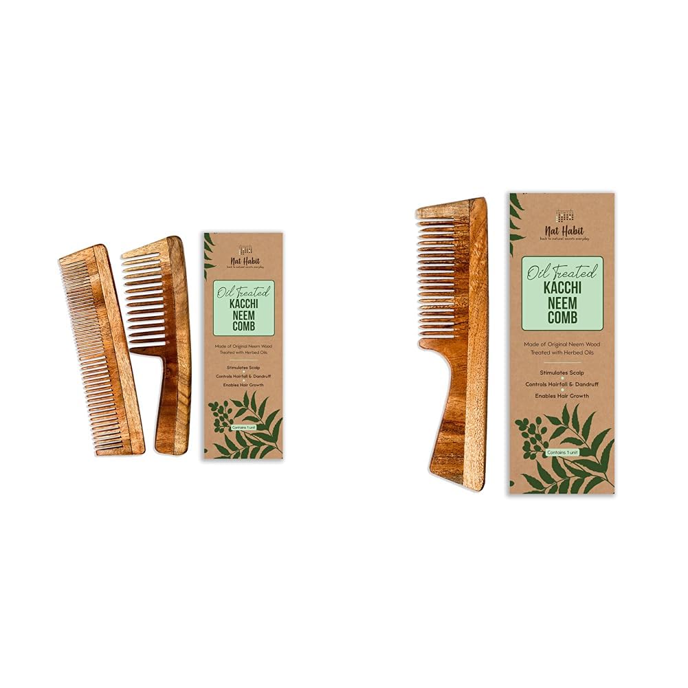 Nat Habit - Kacchi Neem Wooden Comb - Soaked In 17 Herbs Neem & Sesame Oil For Multi-Actions - Deta,Nat Habit Kacchi Neem Wooden Comb - Soaked In 17 Herbs Neem & Sesame Oil For Multi-Actions - Detang