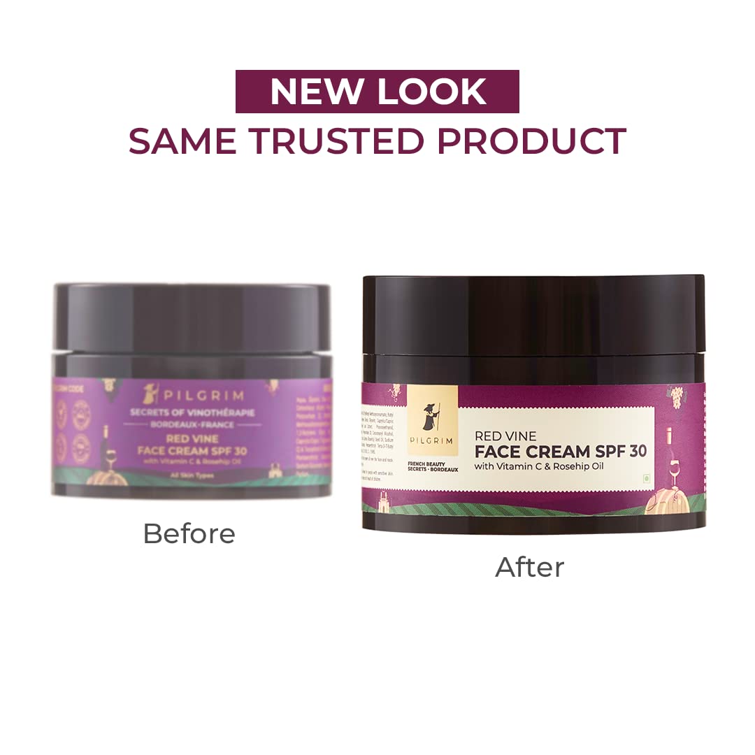 Pilgrim French Red Vine Face Cream with SPF 30 Sunscreen, Rosehip Oil & Vit C For Anti Ageing, Sun Protection PA+++, Daily Use, Dry, Oily, Combination Skin, Men & Women, 50g
