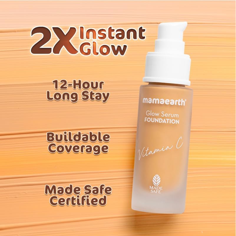 Mamaearth Glow Serum Foundation, Medium Coverage, Matte Finish, With Vitamin C & Turmeric For 12-Hour Long Stay- 06 Almond Glow - For All Skin Types - 30 Ml