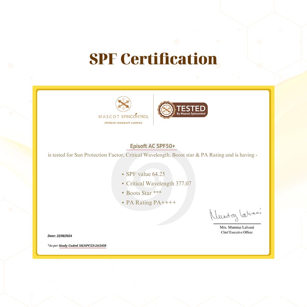 Episoft AC SPF 50 + sunscreen | Maximum Hydration | Protection against both UV-A/UV-B, Water and Sweat Resistance | Lightweight | With anti-aging benefits | For all Skin Types | No white cast | 50 G