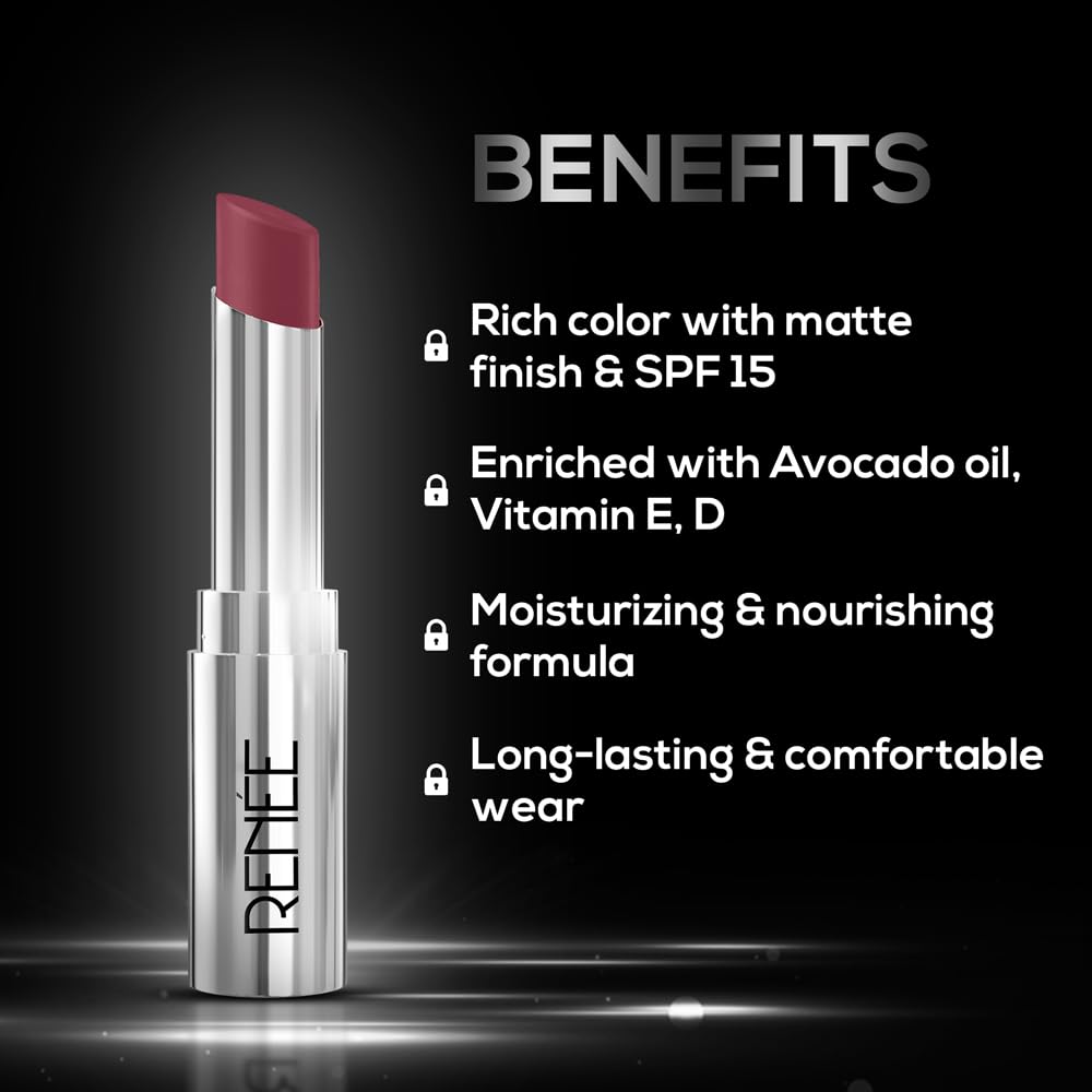 RENEE Matte Lock Lipstick - Pop, Moisturizing, Long Lasting & Weightless Formula, Intense Color Pay Off with Ultra-Matte Finish, Enriched with Avocado oil, Vitamin E, D & Beta-Carotene, 3.5 Gm