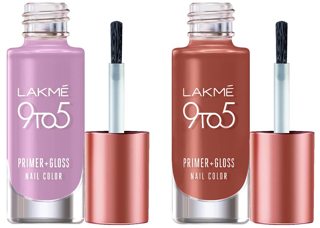 LAKMÉ 9To5 Primer + Glossy Finish Nail Colour Combo 6 ml (2 Count, Multiple bright colors, Top Coat Included, Strengthens Nails)