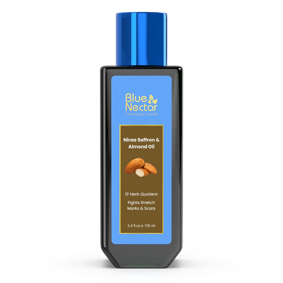 Blue Nectar Saffron & Almond Oil for Skin | Natural Stretch Mark Body Oil for Glowing Skin | Natural Skincare Oil for Pregnant Women & New Mothers (12 Herbs, 100ml)