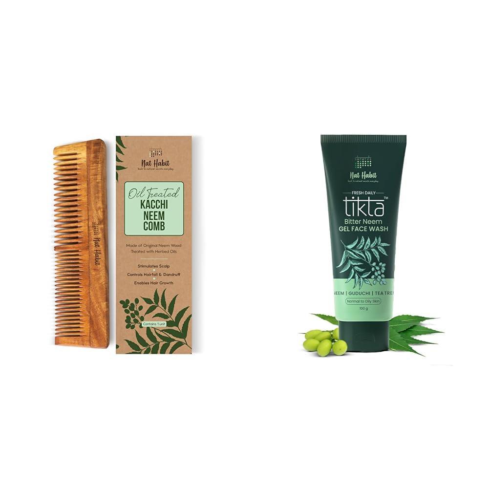 Nat Habit Neem Comb Combo Dual Tooth Neem Comb and Neem Gel Face Wash 100g For Hairfall & Anti- Acne