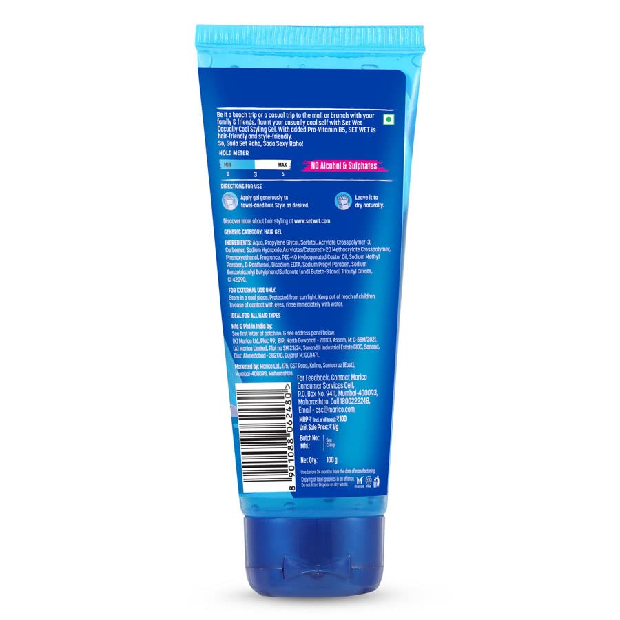 Set Wet Styling Hair Gel for Men - Casually Cool, 100gm | Medium Hold, High Shine | For Medium to Long Hair |No Alcohol, No Sulphate (Pack of 2)