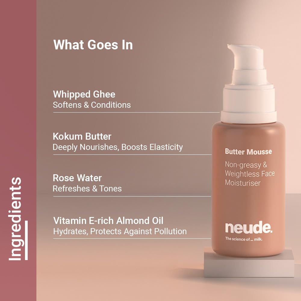 Neude Butter Mousse 50ml Ghee Face Moisturizer Cream for Men & Women with Molecular Ghee Kokum Butter & Almond Oil 24h Hydration Weightless Antioxidant-Rich Deep Moisturizer for Dry & All Skin Types