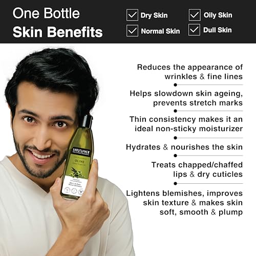 Soulflower Olive Hair & Skin Oil | 225ml | Cold-Pressed Oil for Hair Growth, Face Massage & Deep Moisturization | Reduces Wrinkles, Nourishes Scalp & Strengthens Roots | 100% Pure & Natural with Vitamin E