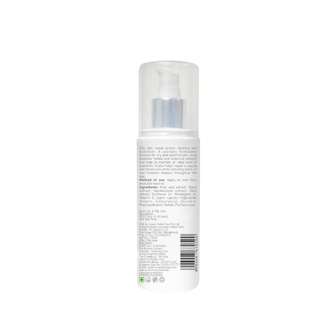 Jovees Herbal Aloe Vera Moisturising Lotion |With Sandal And Peach Extract |Nourishes, Heals and Hydrates Skin | For Oily & Sensitive Skin 100ml