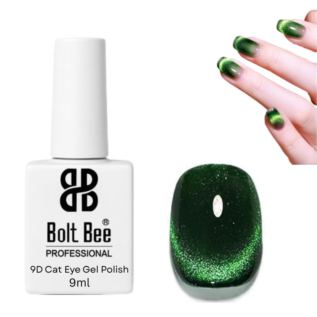 Bolt Bee 9D Cat Eye Gel Nail Polish Magnetic Soak Off UV/LED Gel, Long-Lasting, High Shine, Glitter Effect, Salon & DIY Manicure 9ml (Green)