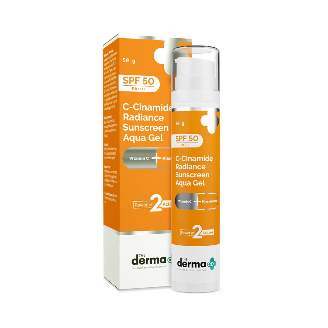 The Derma Co C-Cinamide Sunscreen Aqua Gel SPF 50 PA++++ | With Vitamin C & Niacinamide | All Skin Lightweight Texture | No White Cast | For Sun Protection & Glowing Skin | Power Of 2 Actives | 50 G