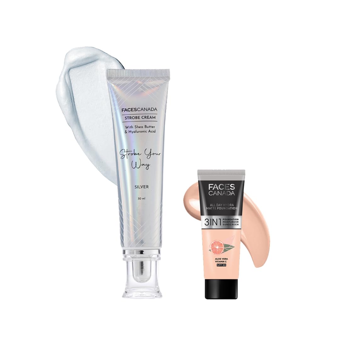 FACESCANADA Celeb Glow Kit|Silver Strobe Buildable Coverage Cream (30Ml) + Rose Ivory All Day Hydra Matte Mini Foundation (15Ml)|Makeup Kit For Women (Combo Pack Of 2)