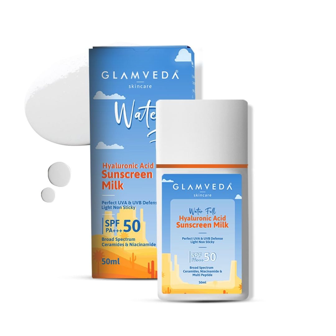 Glamveda Ultra Light Water Sunscreen SPF 50 PA+++ | Hydrating & Nourishing Sunscreen Milk | Broad Spectrum UVA/UVB Protection | No White Cast, Non-Greasy, Fragrance-Free | For All Skin Types | 50ml