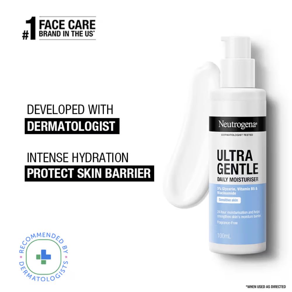 Neutrogena Ultra Gentle Daily Moisturiser | Oil Free | Glycerine, Niacinamide & Vitamin B5 | Light Weight & Non Greasy | Dry & Sensitive Skin | 100ml