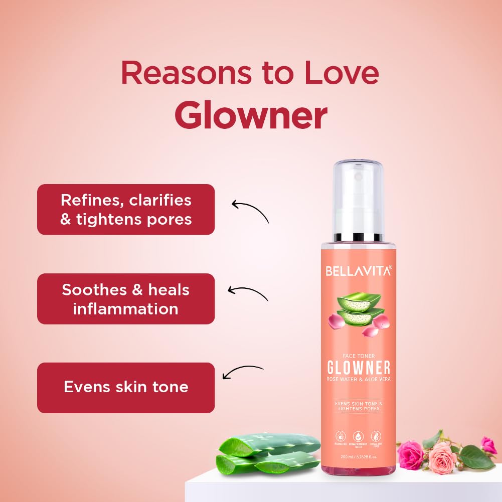 Bella Vita Organic Glowner Face Toner, Alcohol free, Rose Water 200ml Pore Minimizing Tightening Natural Toner Spray for Glowing Skin - All Skin Types