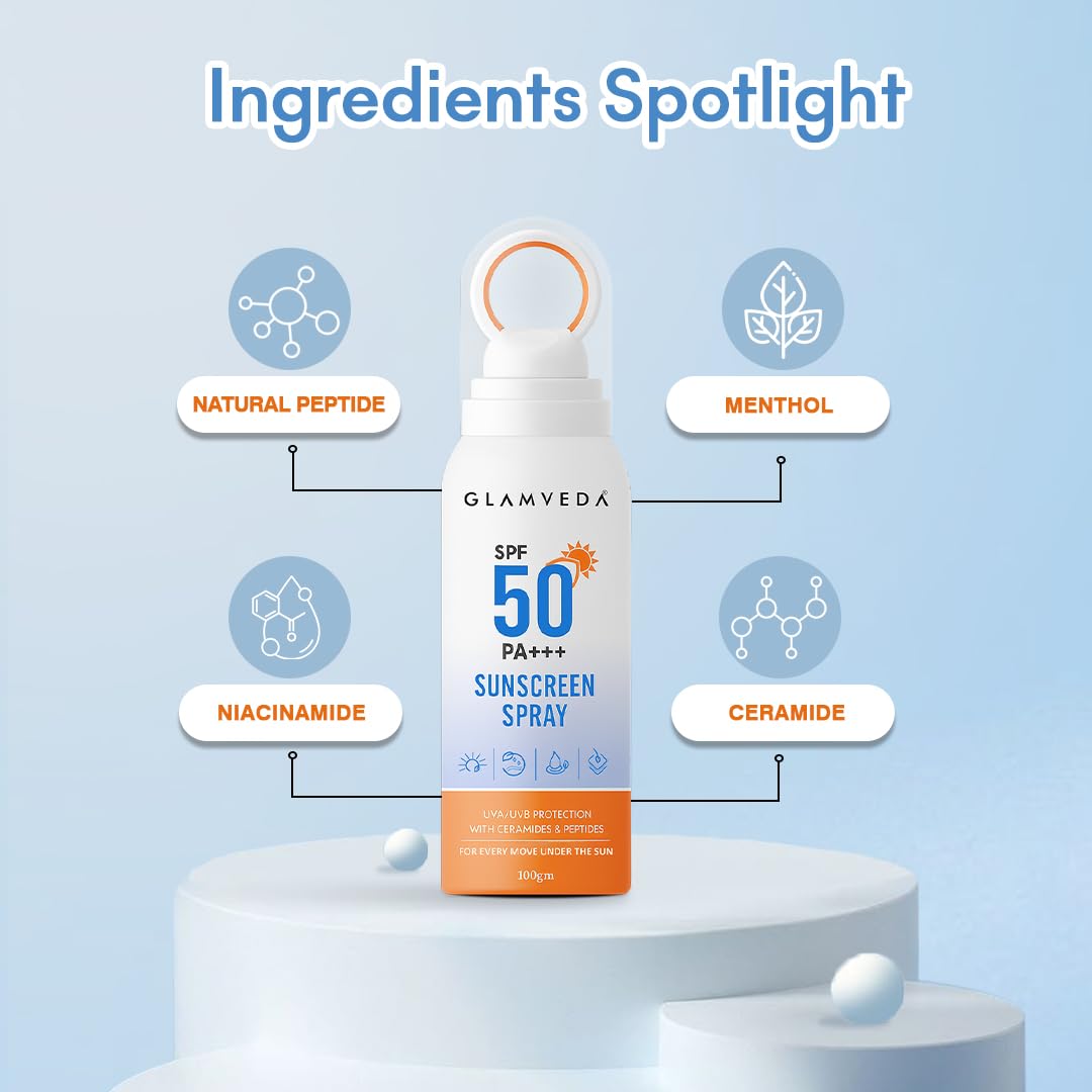 Glamveda Body Sunscreen Spray SPF 50 PA+++ | Broad Spectrum UVA/UVB & Blue Light Protection | With Ceramides, Peptides & Niacinamide | Quick-Absorbing, Waterproof, No White Cast | Men & Women |100 gm