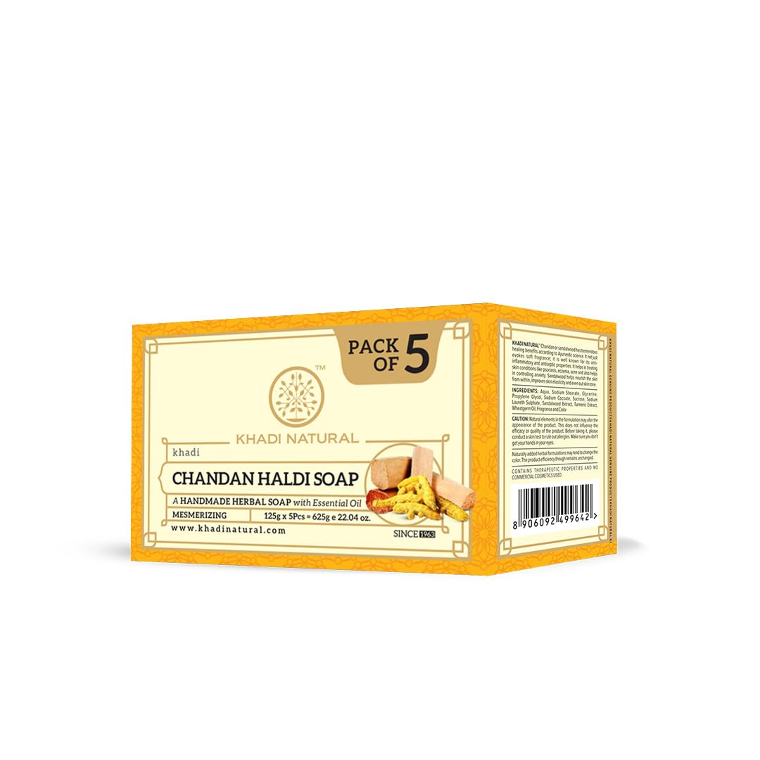 Khadi Natural Chandan Haldi Soap | Herbal Bathing Soap for Glowing Skin | Natural Soap with Essential Oils | Anti-Ageing Soap | Suitable for All Skin Types|Pack of 4 | (125gm*4) (500gm)