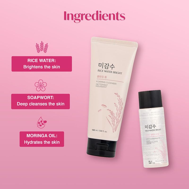 The Face Shop 2 Step Rice Water Bright Kit | Rice Water Bright Foaming Face Wash 100ml + Rice Water Bright Light Cleansing Oil 55ml