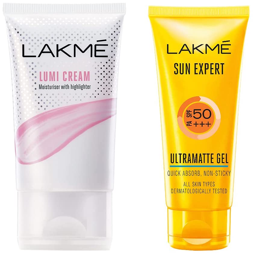 Lakmé Sun Expert SPF 50 Gel, 50 g & Lakmé Lumi Cream,Moisturizer with highlighter, Enriched with Niacinamide for all skin type,30 gm