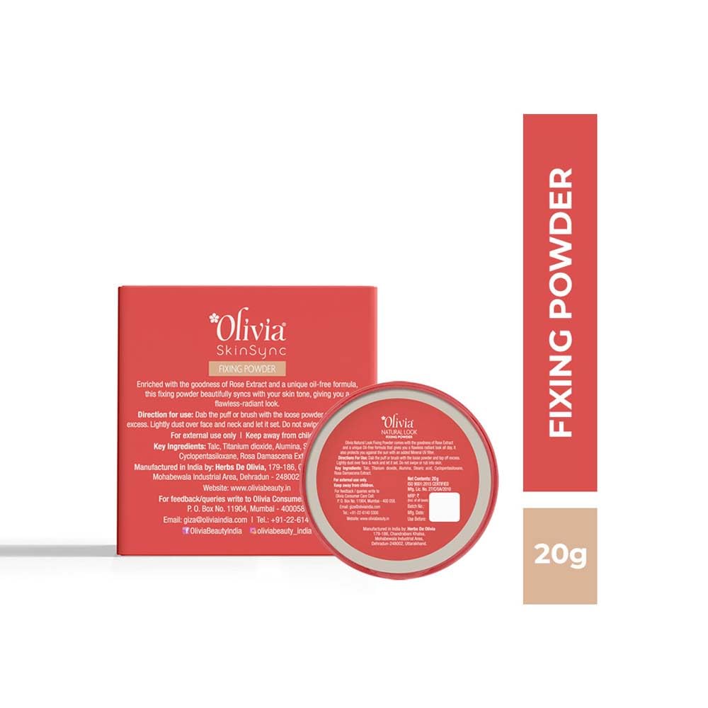 Olivia Skinsync Makeup Fixer Matte Powder | Long-Lasting Loose Powder for All Skin Types | Translucent Yellow Finishing & Setting Powder with Rose Extract | Shine Control & UV Protection | Yellow 20g