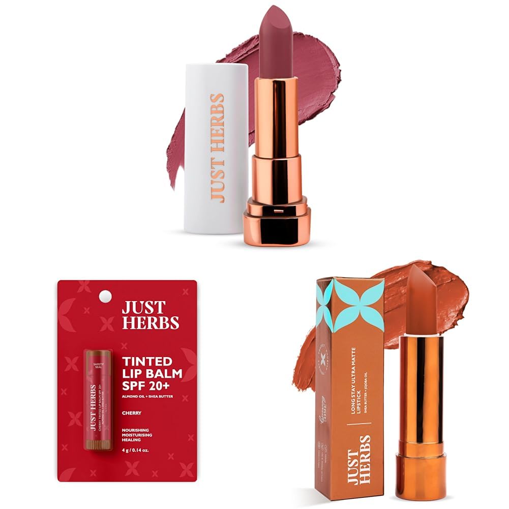 Just Herbs Matte Lipstick & Just Herbs Tinted Lip Balm for Men and Women with SPF 20+ for Dark Lips to Lighten 4 g & Just Herbs Ultra Matte Bullet Lipstick 4 g (Naughty Nutmeg)