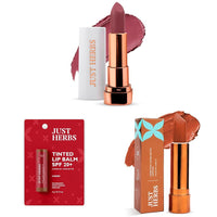 Just Herbs Matte Lipstick & Just Herbs Tinted Lip Balm for Men and Women with SPF 20+ for Dark Lips to Lighten 4 g & Just Herbs Ultra Matte Bullet Lipstick 4 g (Naughty Nutmeg)