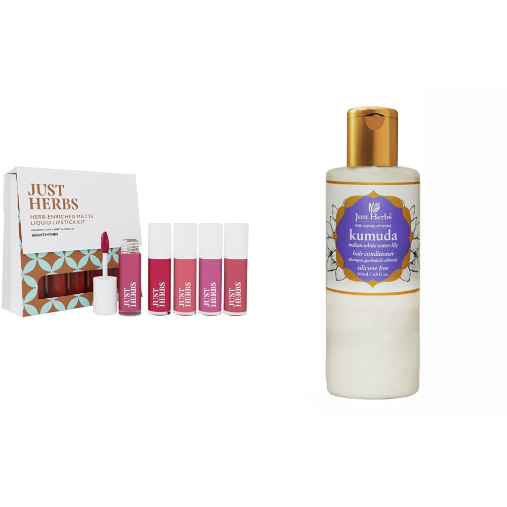 Just Herbs Ayurvedic Matte Liquid Lipstick Kit Set Of 5 With Hydrating & Lightweight Lip Colours (Brights & Pinks) & Kumuda - Indian White Water Lily Silicone-Free Conditioner