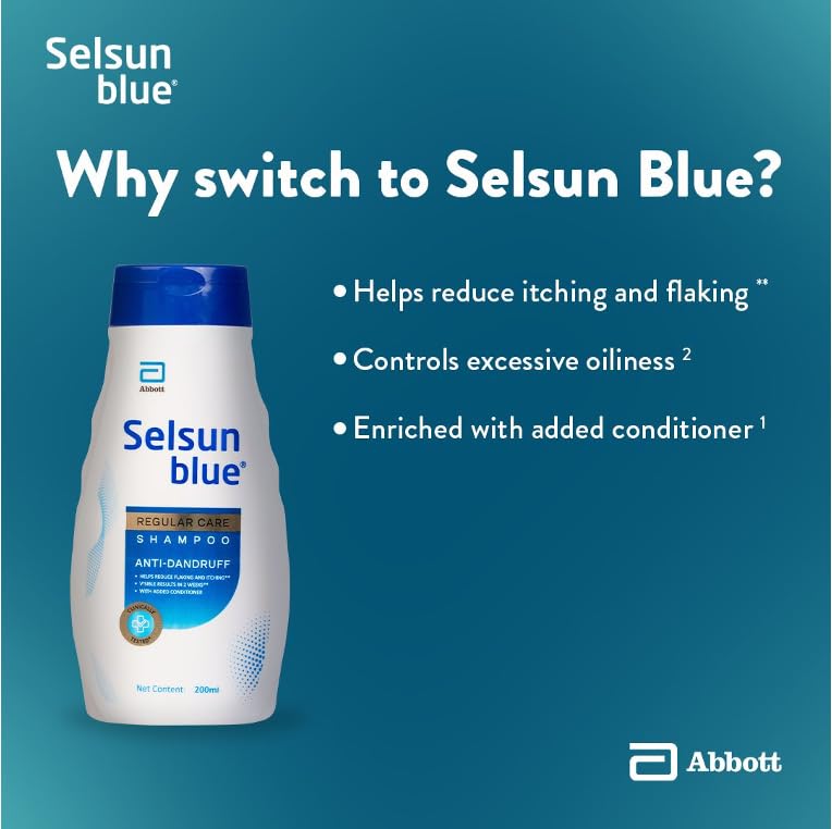 Selsun Blue Regular Care Shampoo for Men and Women with Added Conditioner, Helps Reduce Flaking and Itching, Control Dandruff, 200 ml (Pack of 1)