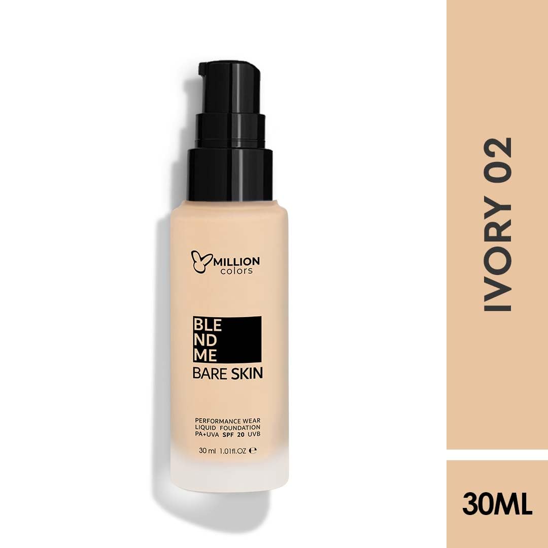 Million Colors Foundation for Face Makeup | Liquid Foundation for Oily and Dry Skin | Lightweight Matte Finish with SPF 20 | Waterproof Long-Lasting Makeup | All Skin Types | Ivory 02, 30ml