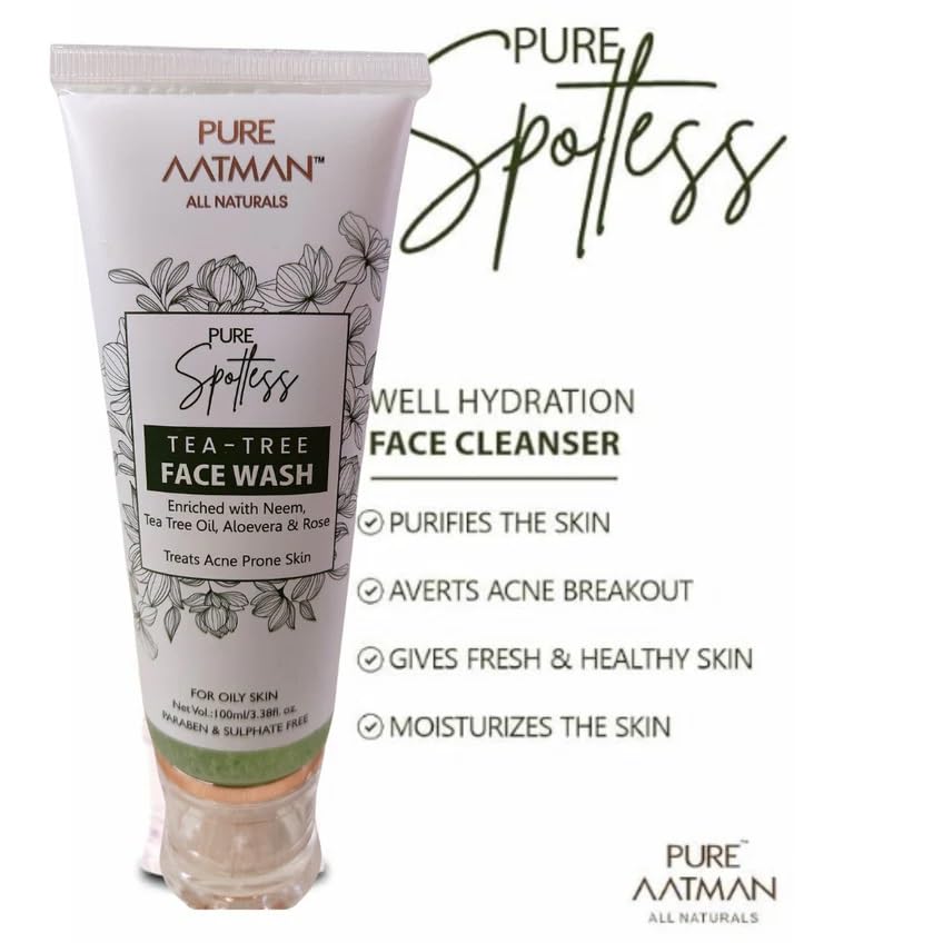 PURE AATMAN Tea Tree Cleansing Face Wash for Oily, Acne Prone, Dry & Combination Skin Fight Pimples & Control Excess Oil Gentle Exfoliating & Non-Drying Women & Men Moisturising Facial Wash- 100 ml