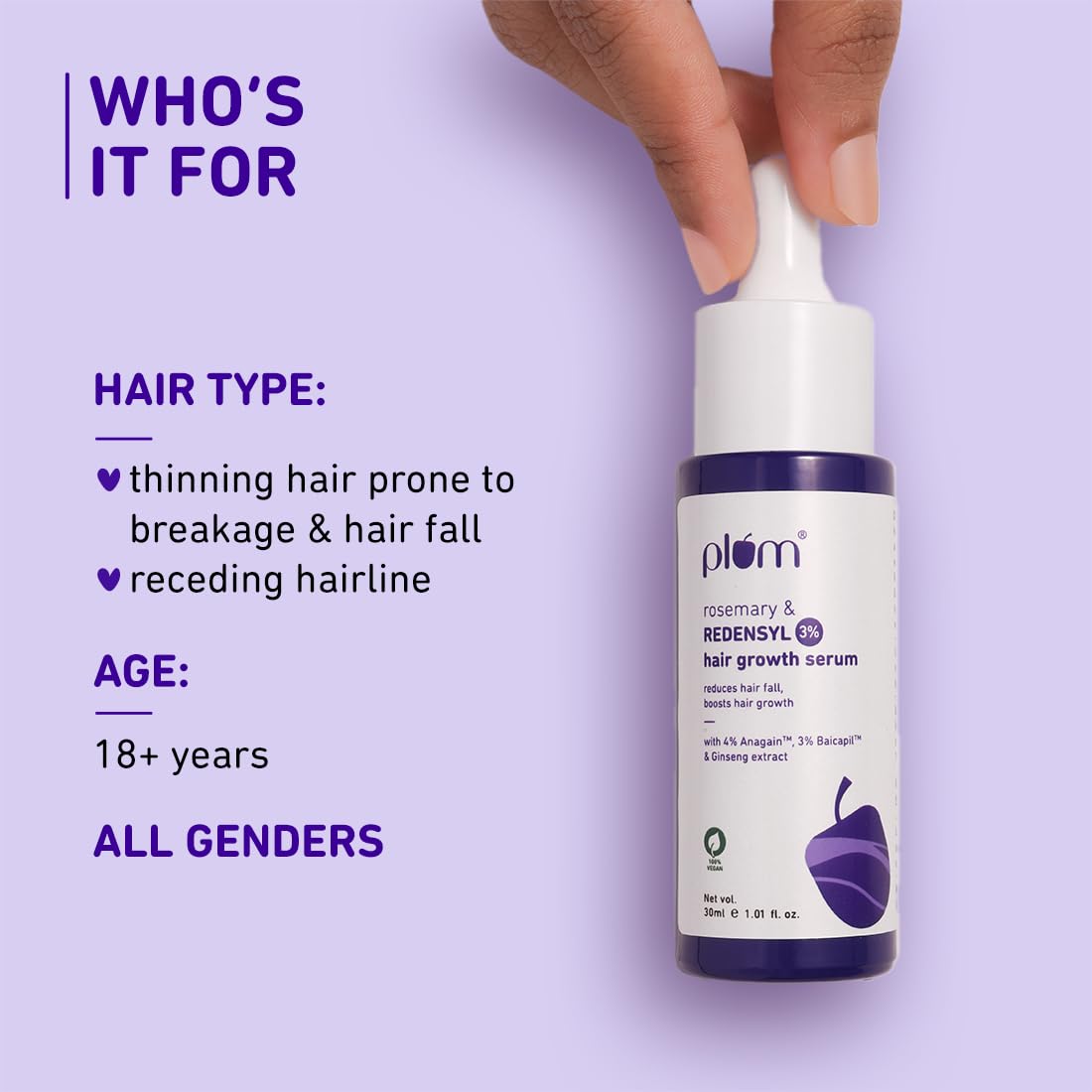 Plum Hair Growth Serum | With Rosemary, 3% Redensyl, 4% Anagain, 3% Baicapil, & Ginseng Extract | Reduces Hairfall, Boosts Hair Growth, Improves Hair Density |For Men & Women | 30ml (Pack of 2)