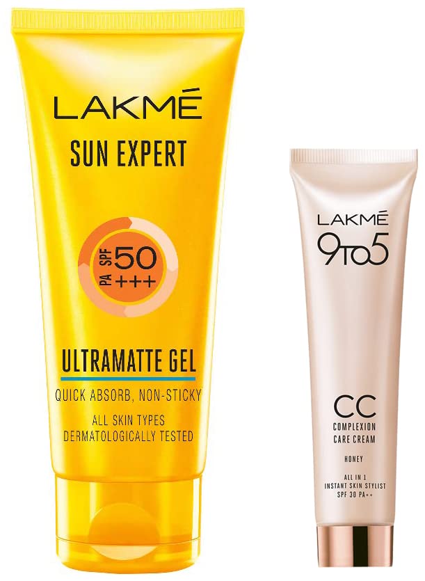 Lakmé Sun Expert Spf 50 Gel for All Skin types, 100 G & Lakmé 9 To 5 Complexion Care Face Cc Cream, Honey, Spf 30, Conceals Dark Spots & Blemishes, 30 G