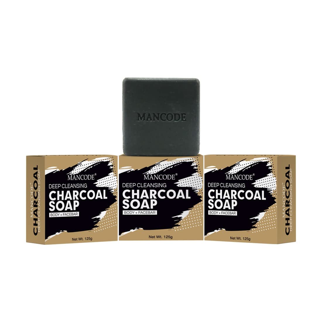 Mancode Activated Charcoal Soap - 125gram | Treats Oily Skin | Refreshing | Black Color Bar Soap | Natural Essential Oil Extract - 100% Vegetable Soap | Suitable for All Skin Types Pack of 3