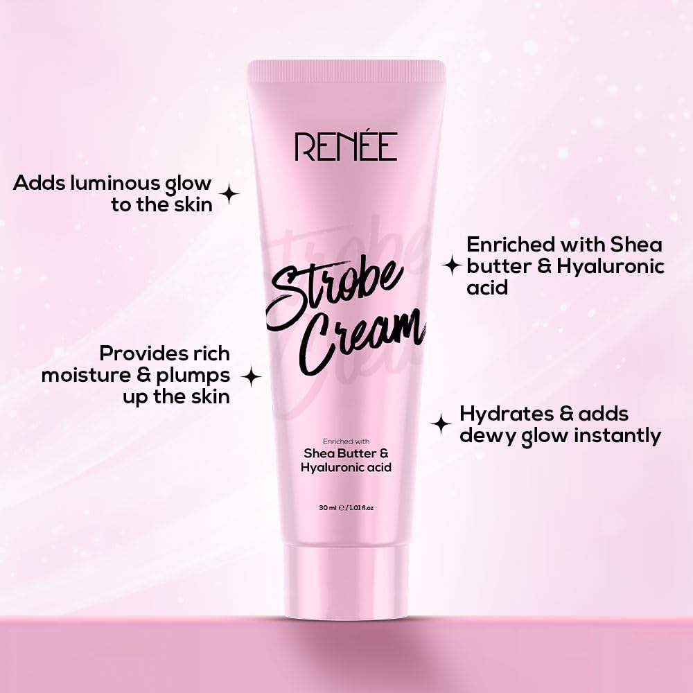 RENEE Strobe Cream, Dewy Finish Highlighter for Face, Smoothens, Plumps & Hydrates Skin, Instant Luminous Glow, Hyaluronic Acid & Shea Butter Infused, Illuminating Makeup Base for All Skin Types 30ml