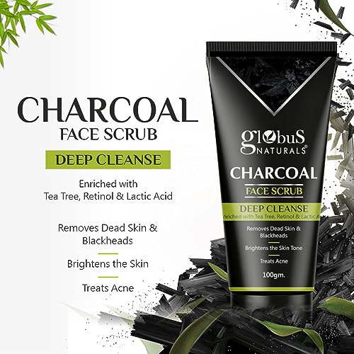 Globus Naturals Anti Pollution & Anti Acne Charcoal Face Scrub, Detox & Deep Cleanse Formula, Fights Pollution and De-Tans skin, For Men with Oily & Acne Prone Skin, 100 gms