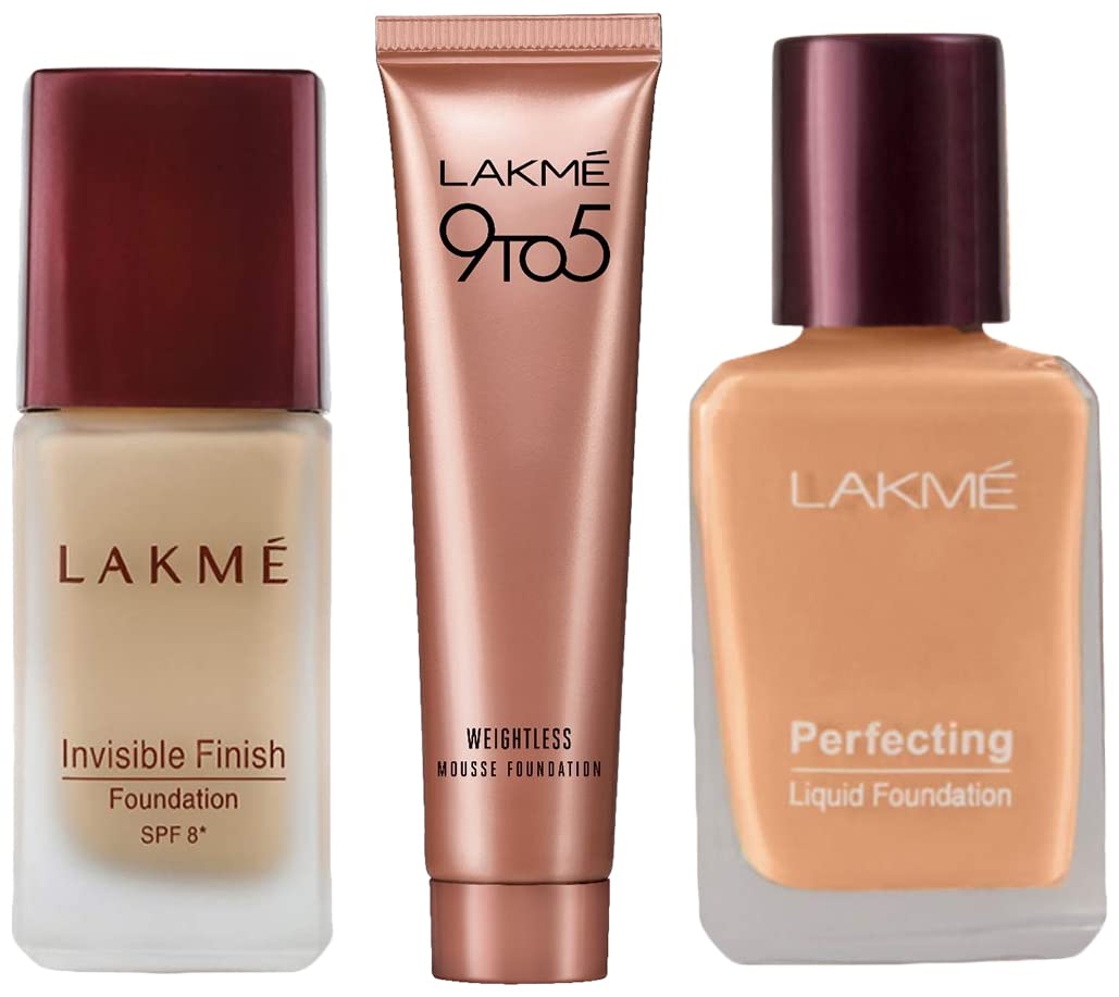 LAKMÉ Invisible Finish SPF 8 Light Coverage Natural Dewy Finish Foundation, Shade 04 & 9 to 5 Weightless Mousse Foundation Mini & Perfecting Liquid Foundation, 27 ml For All Skin Types