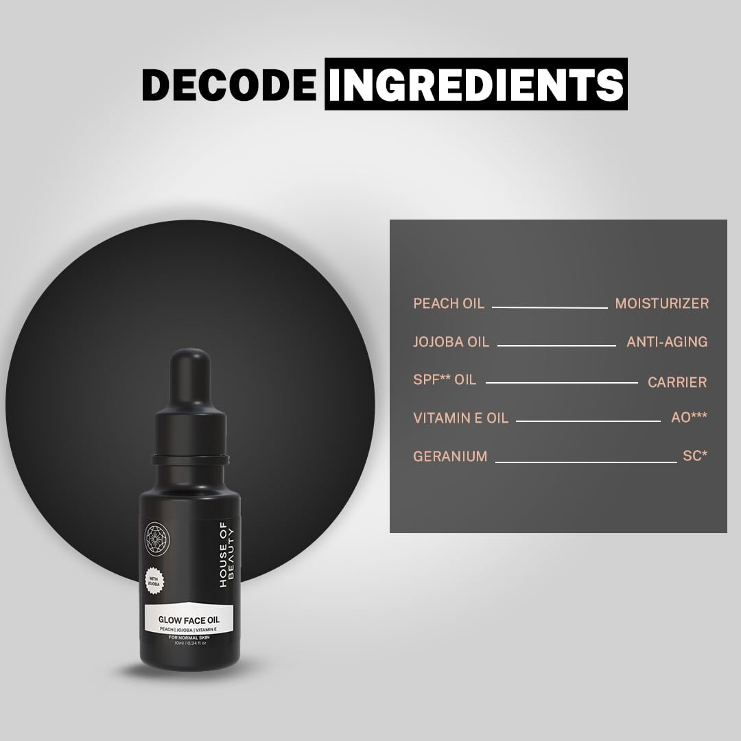 House Of Beauty Peach & Jojoba with Vitamin E - Glow Face Oil for skin brightening, reduce wrinkles, dark spots, Hydrating, Natural & Nourishing Facial Oil for Radiant Skin, Lightweight & Non-Greasy - 10 ml (Pack of 1)