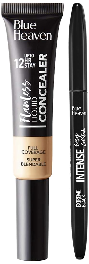Blue Heaven Intense Matte Finish Eyeliner Easy Sketch, Black, 1ml & Flawless Liquid Concealer, 201, Cream, 16g