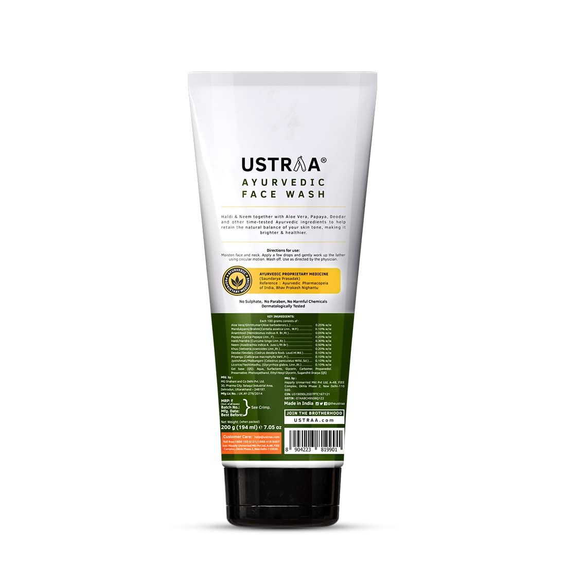 Ustraa Ayurvedic Face Wash - Neem & Haldi - 200g | Helps Heal Skin | Skin Brightening & Deep Cleansing Powers | Removes Excess Oil | No SLS, No Paraben