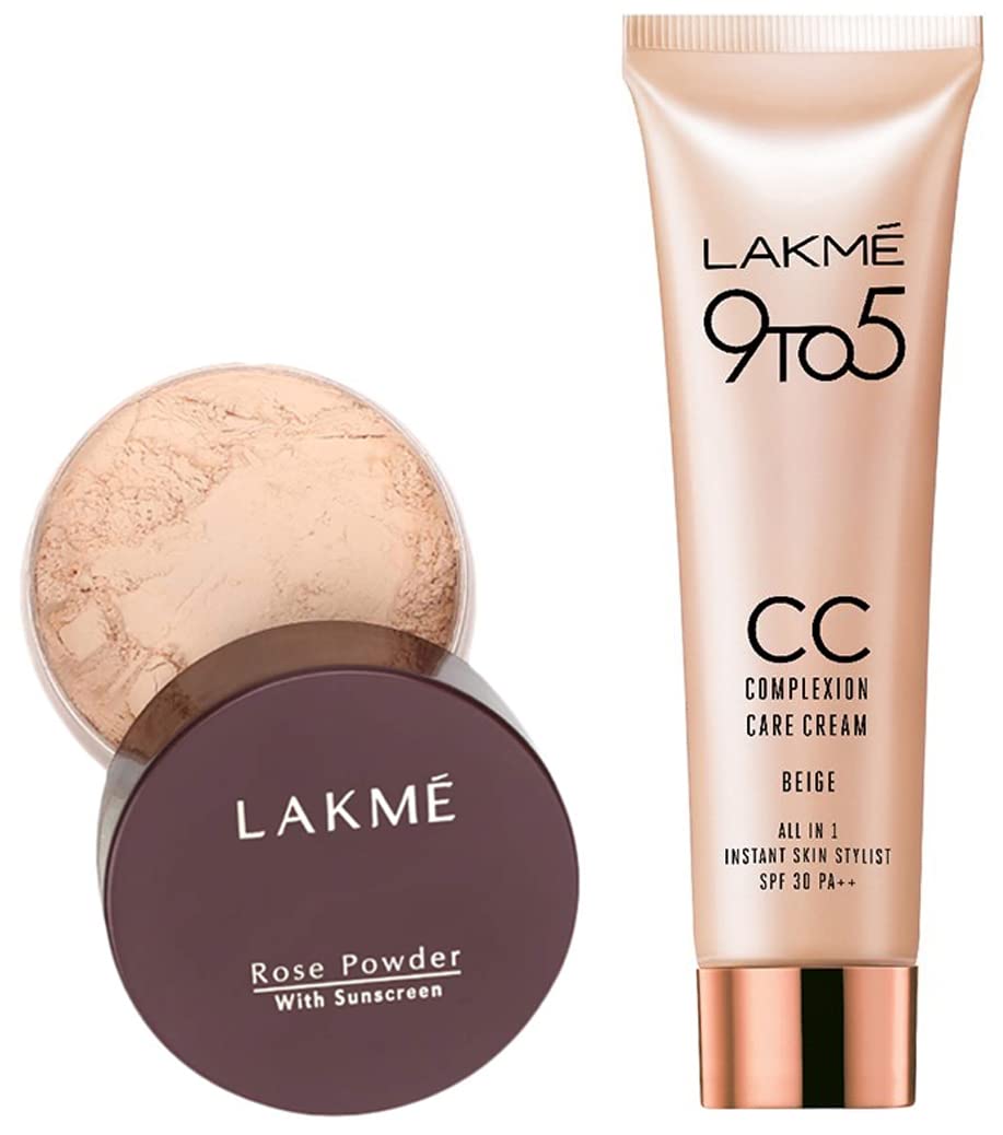 LAKMÉ Rose Loose Face Powder with Sunscreen For All Skin Types, Matte Finish, Soft Pink, 40 g & 9 to 5 CC Cream Mini, 01 - Beige, L 9 g