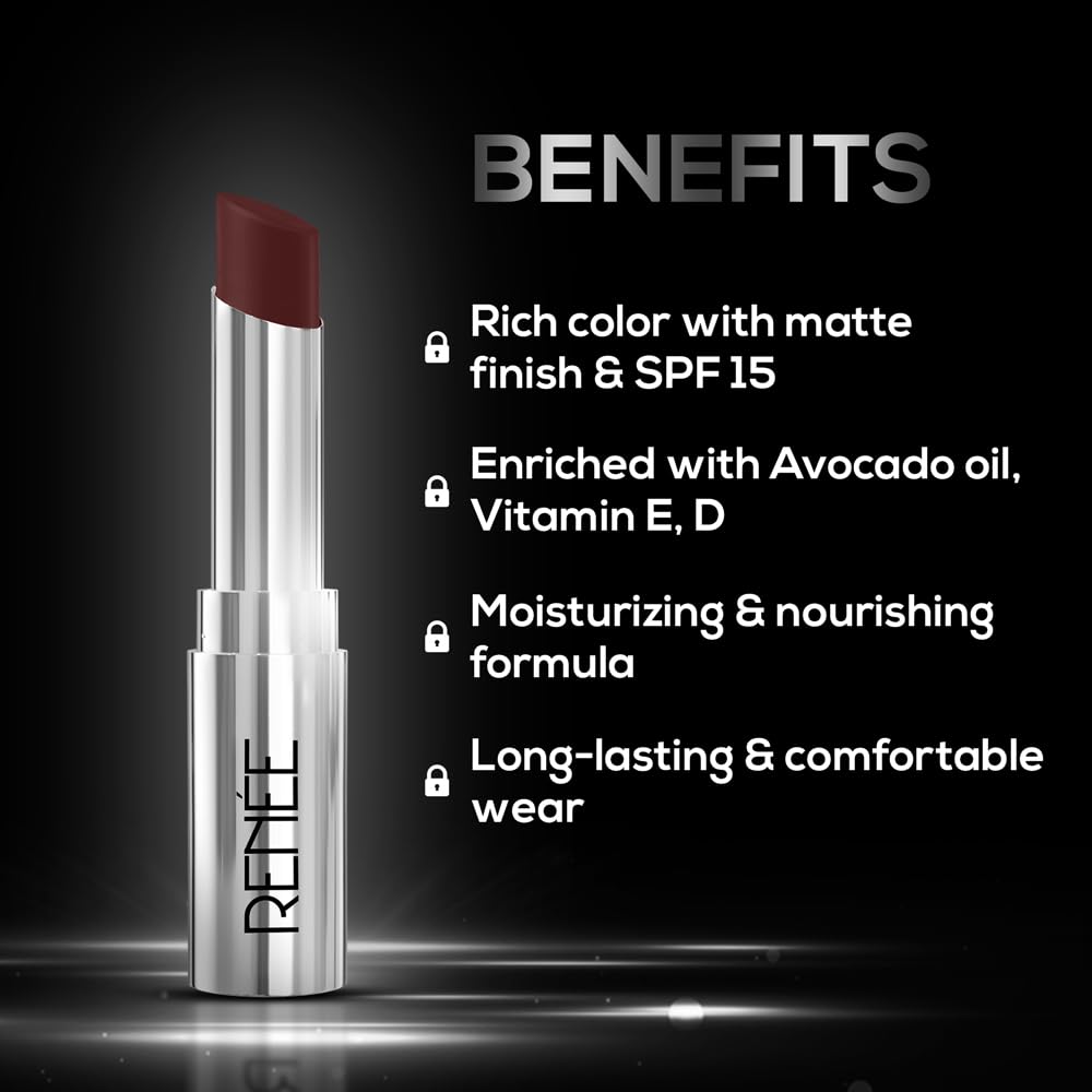RENEE Matte Lock Lipstick - Funk, Moisturizing, Long Lasting & Weightless Formula, Intense Color Pay Off with Ultra-Matte Finish, Enriched with Avocado oil, Vitamin E, D & Beta-Carotene, 3.5 Gm