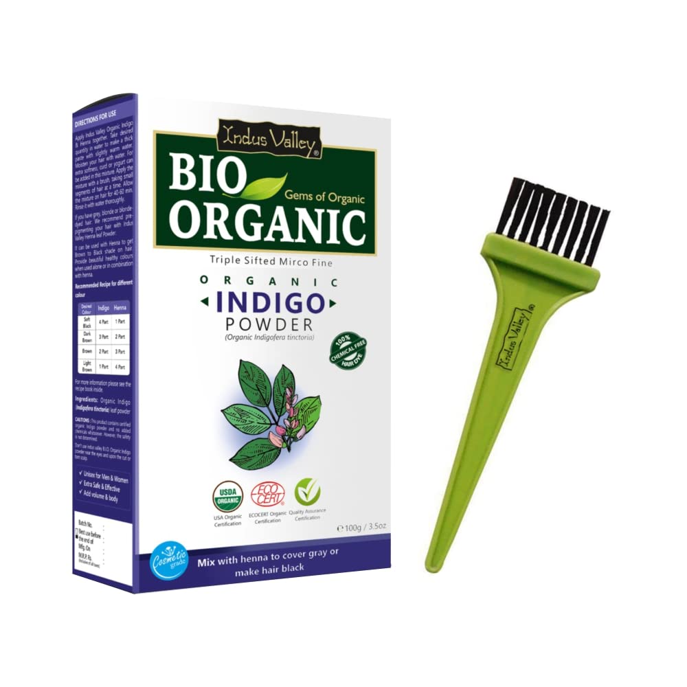 INDUS VALLEY BIO Organic Indigo Powder (Indigofera Tinctoria) with Color Recipe Book and an Applicator Brush Kit, Arrests Early Greying & Protects hair from Damage (100g, Black)