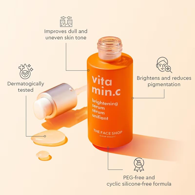 The Face Shop Vitamin C Brightening Face Serum 30ML– Glowing Complexion Booster with Niacinamide & B5 – Hydrating & Anti-Aging Serum for Dull Skin, Dark Spots, Scars