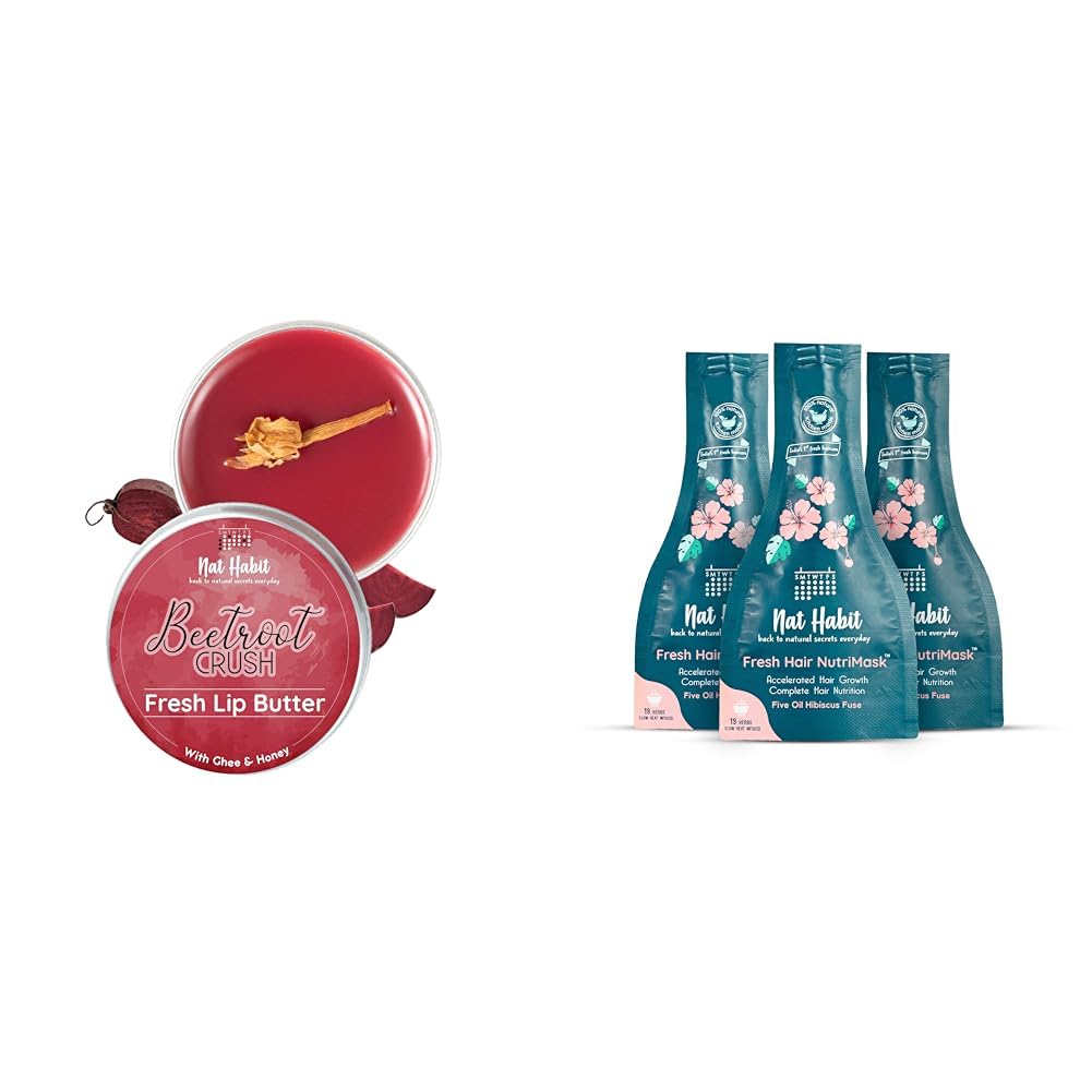 Nat Habit Lip Balm Fresh Beetroot Crush 10gm Lip Butter For Natural Pink Lips and Nat Habit Five Oil Hibiscus NutriMask-Hair Mask for All Hair & Scalp Types (Pack of 3 x 40 gm)