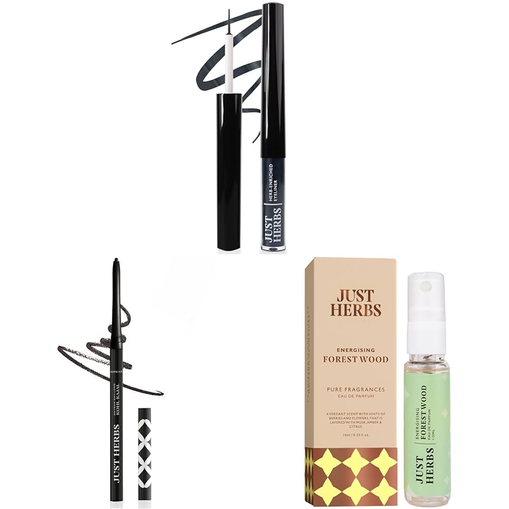 Just Herbs Eyeliner Waterproof And Smudge Proof Retractable 2 In 1 Herbal Liquid Eyeliner+Kajal With Almond Oil&Luxury Scent Long Lasting Forest Wood Travel Friendly Perfume 10Ml,Black,Matte Finish